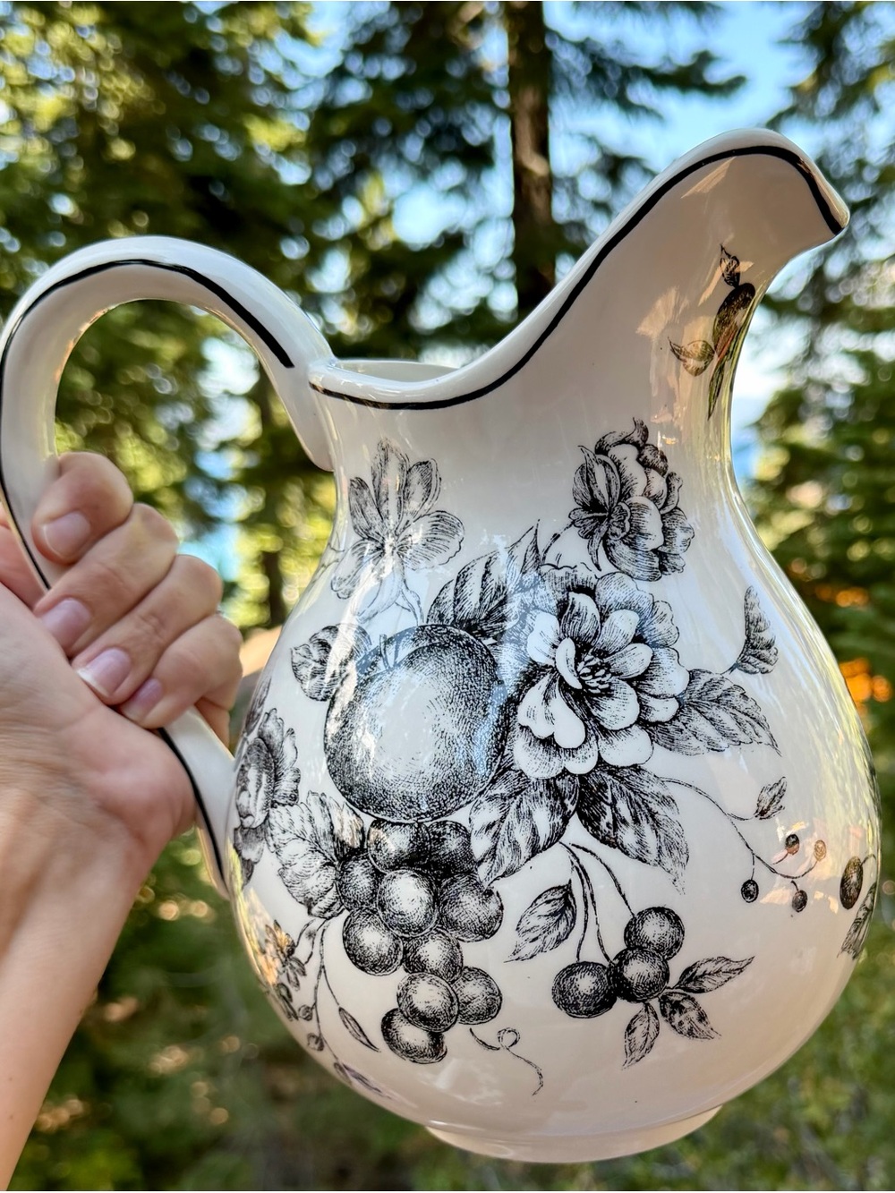 Classic White Ceramic Floral Pitcher - Black Transferware Design